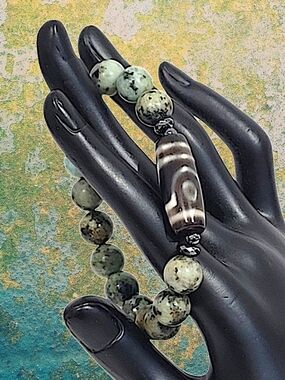 Hand Crafted Dzi Bead Bracelet Two-Eyed Dzi Bead African Turquoise